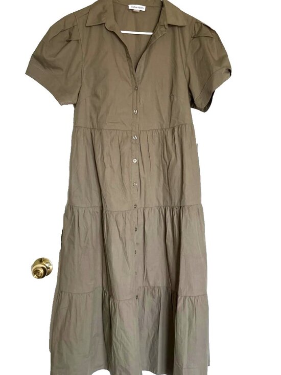 Calvin Klein Dresses & Skirts - Calvin Klein Women's Olive Khaki Cotton Tiered Maxi Shirt Dress  Size 8 NWT